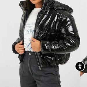 Boohoo Black Petite Hooded Crop High Shine Puffer Jacket